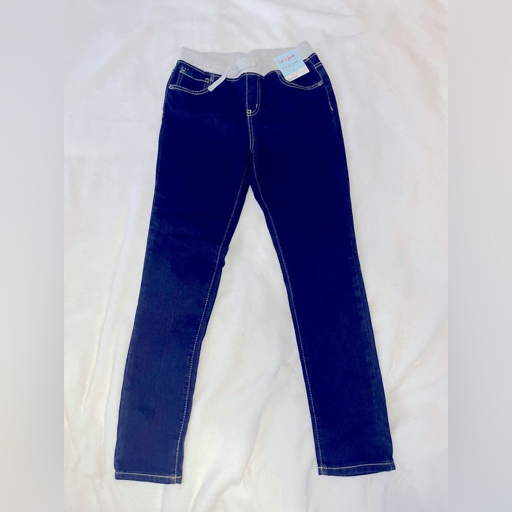 Cat & Jack Girls’ Mid-Rise Knit Waist Pull-On Skinny Jeans Dark Wash size 14